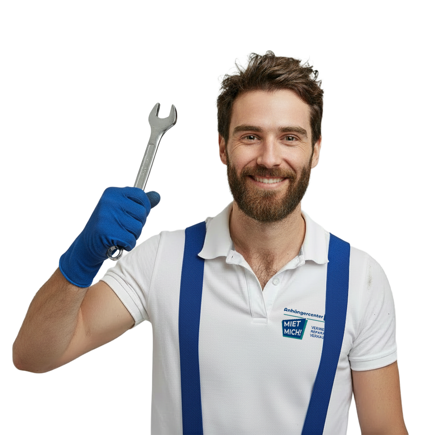 Lächelnder Handwerker mit einem Schraubenschlüssel in der Hand und blauen Handschuhen.